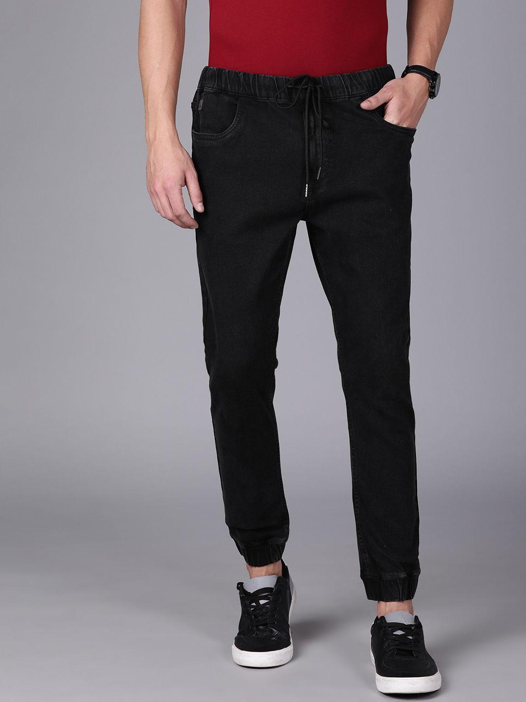 wrogn men black jogger fit mid-rise clean look stretchable jeans