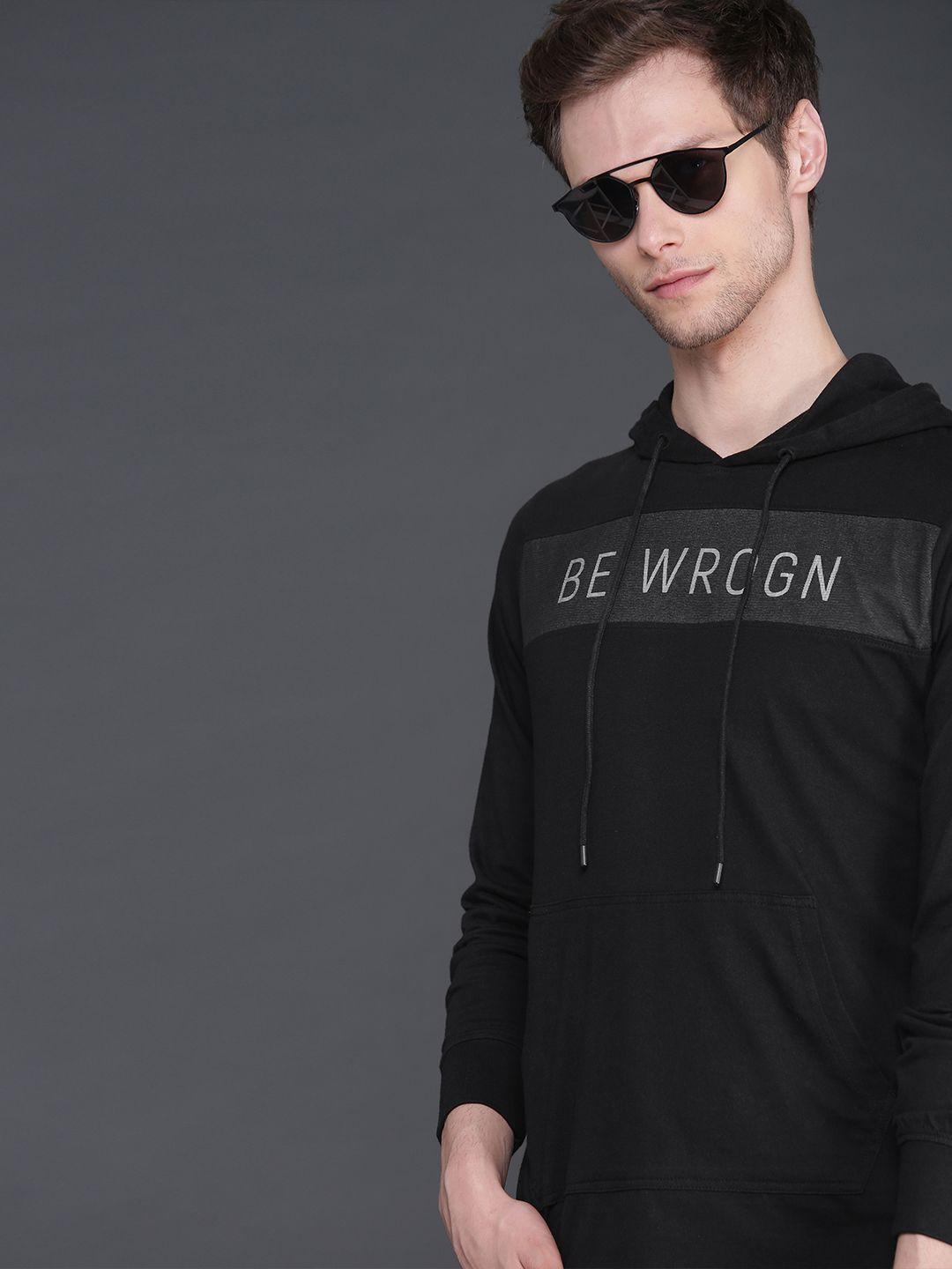 wrogn men black printed hood pure cotton t-shirt