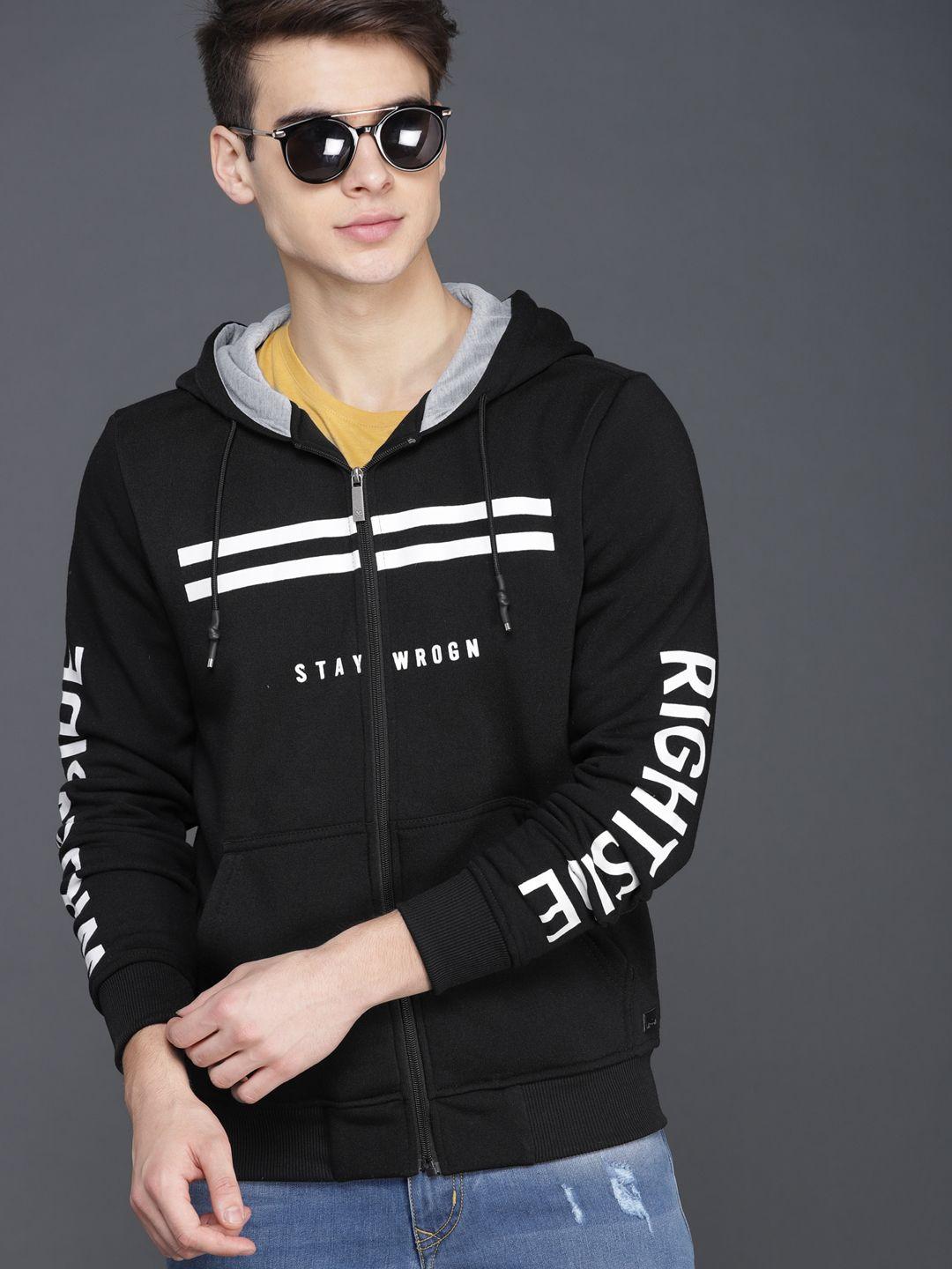 wrogn men black printed hooded sweatshirt