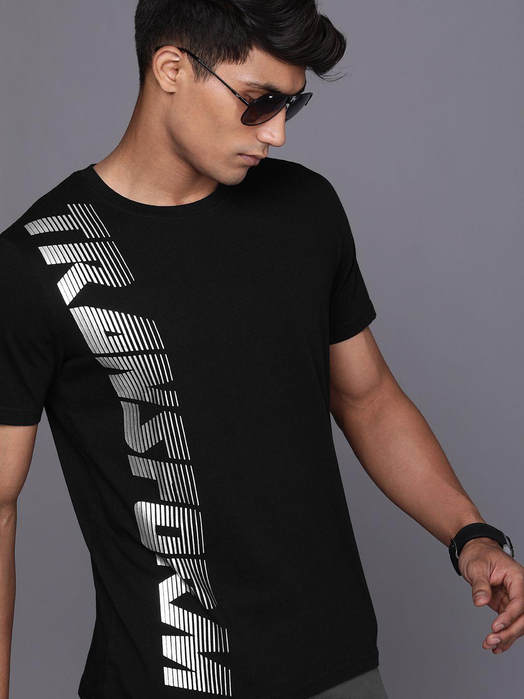 wrogn men black pure cotton typography printed t-shirt