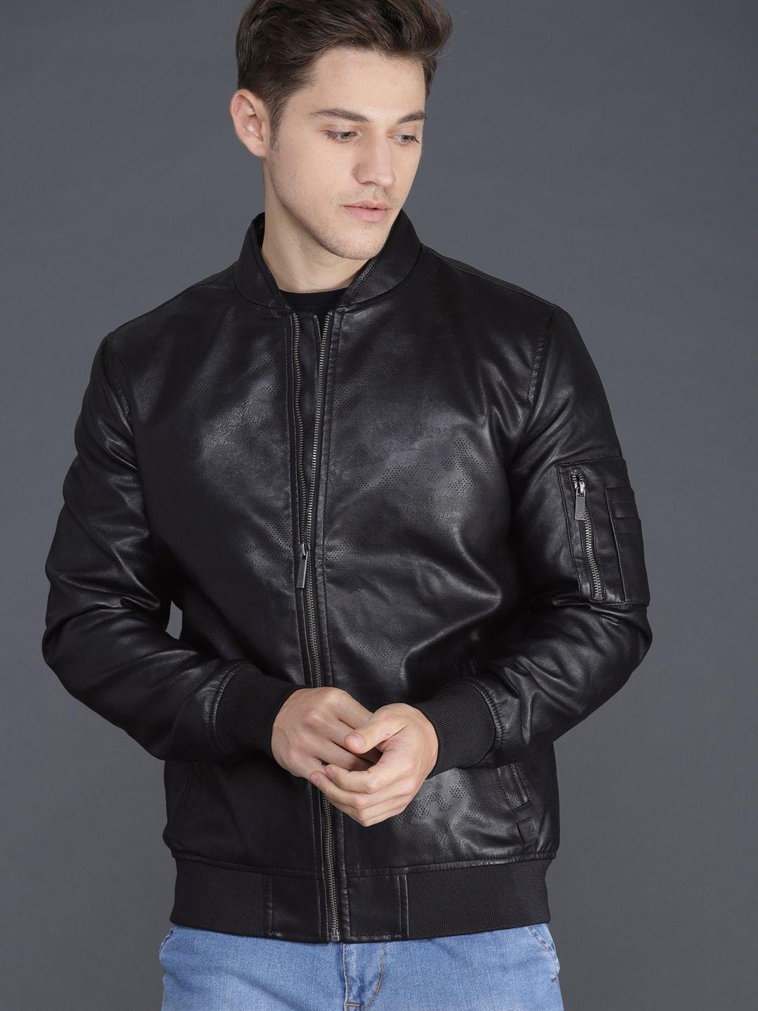 wrogn men black slim fit self design bomber jacket