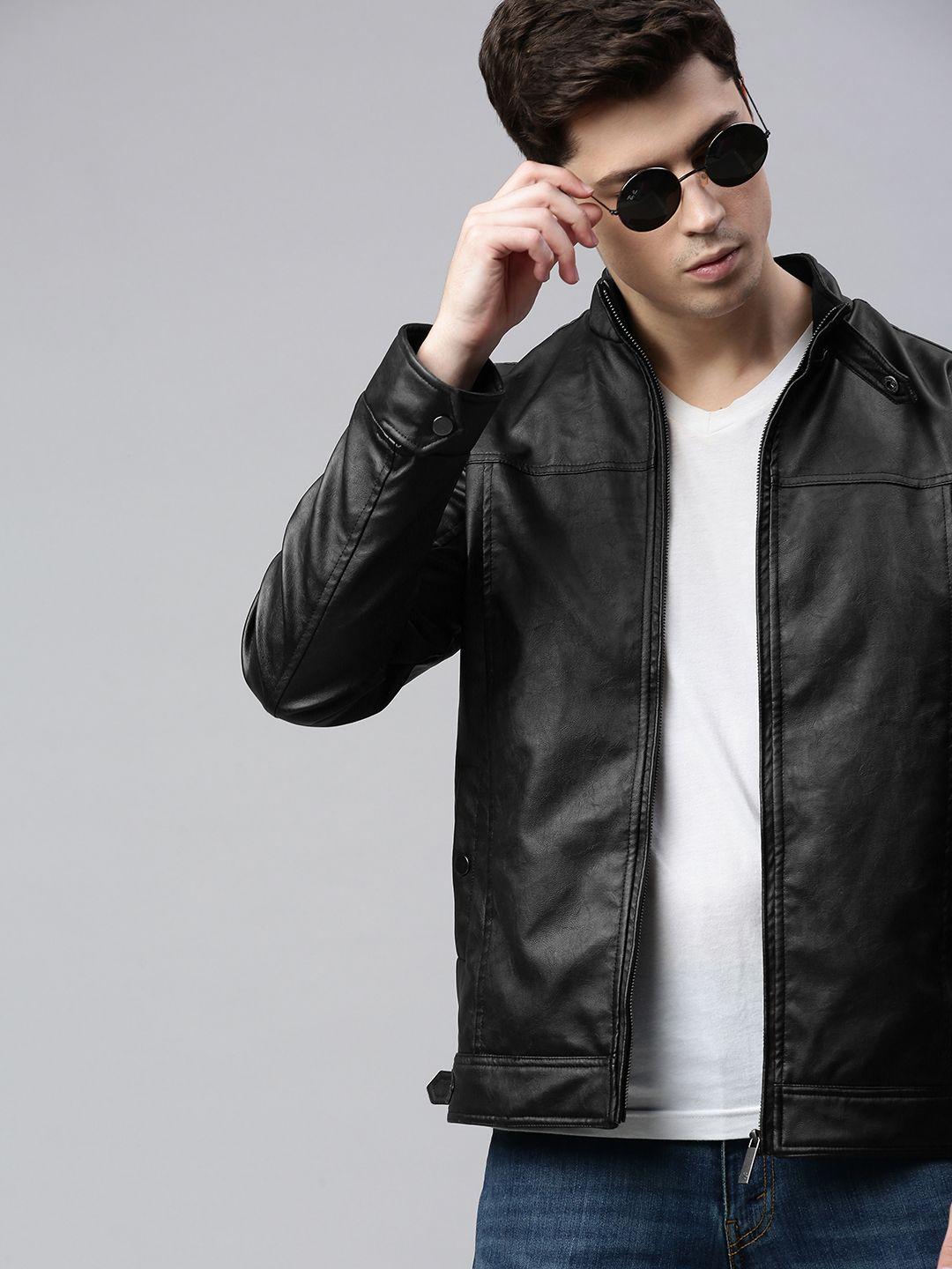 wrogn men black slim fit solid biker jacket