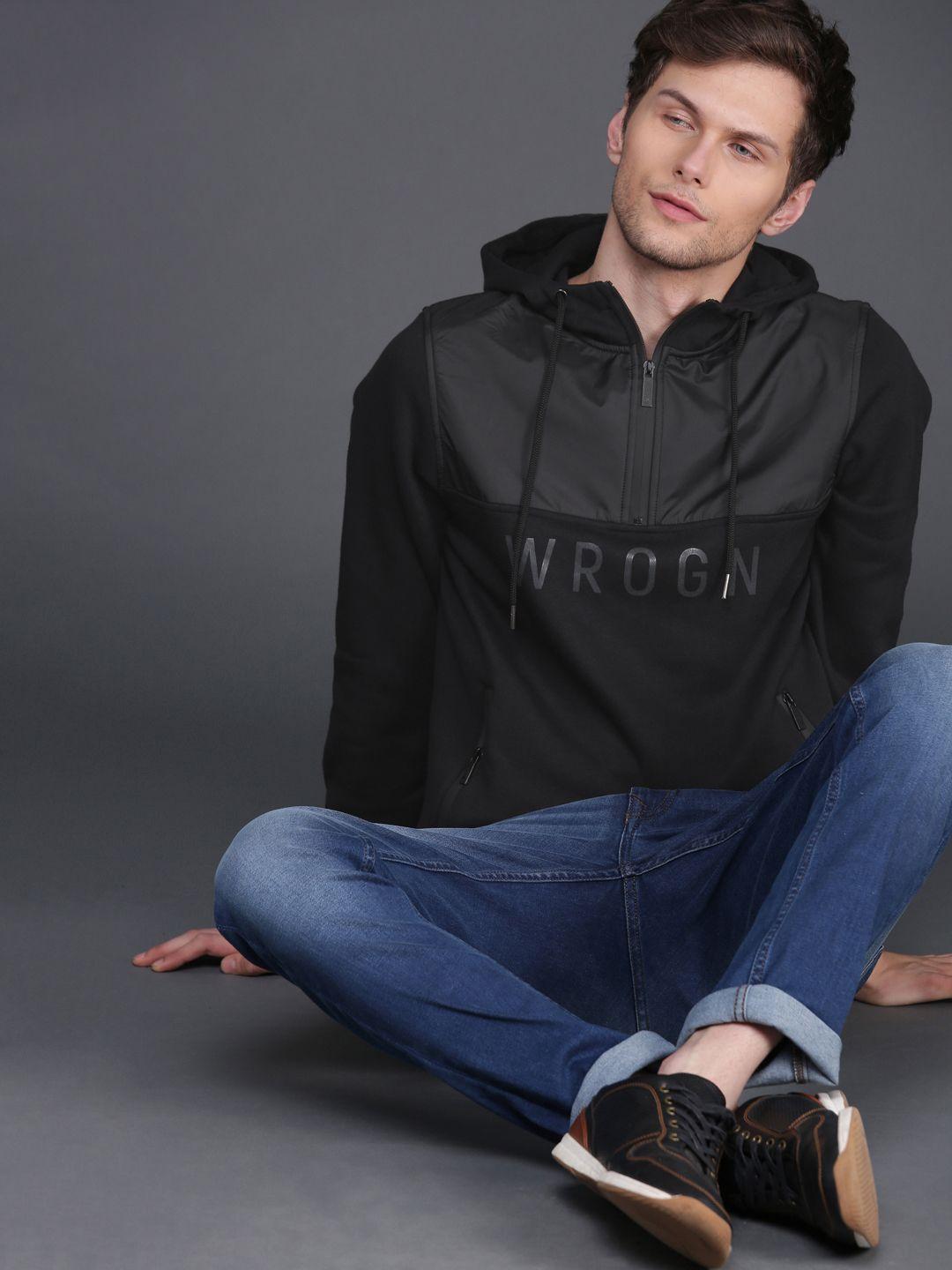 wrogn men black slim fit solid hooded pullover sweatshirt