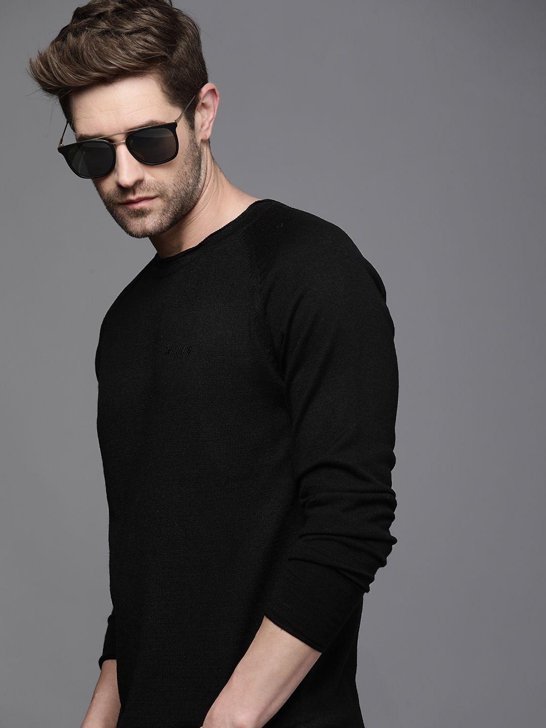 wrogn men black solid acrylic pullover sweater