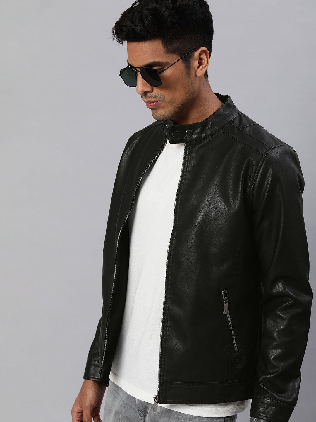 wrogn men black solid biker jacket