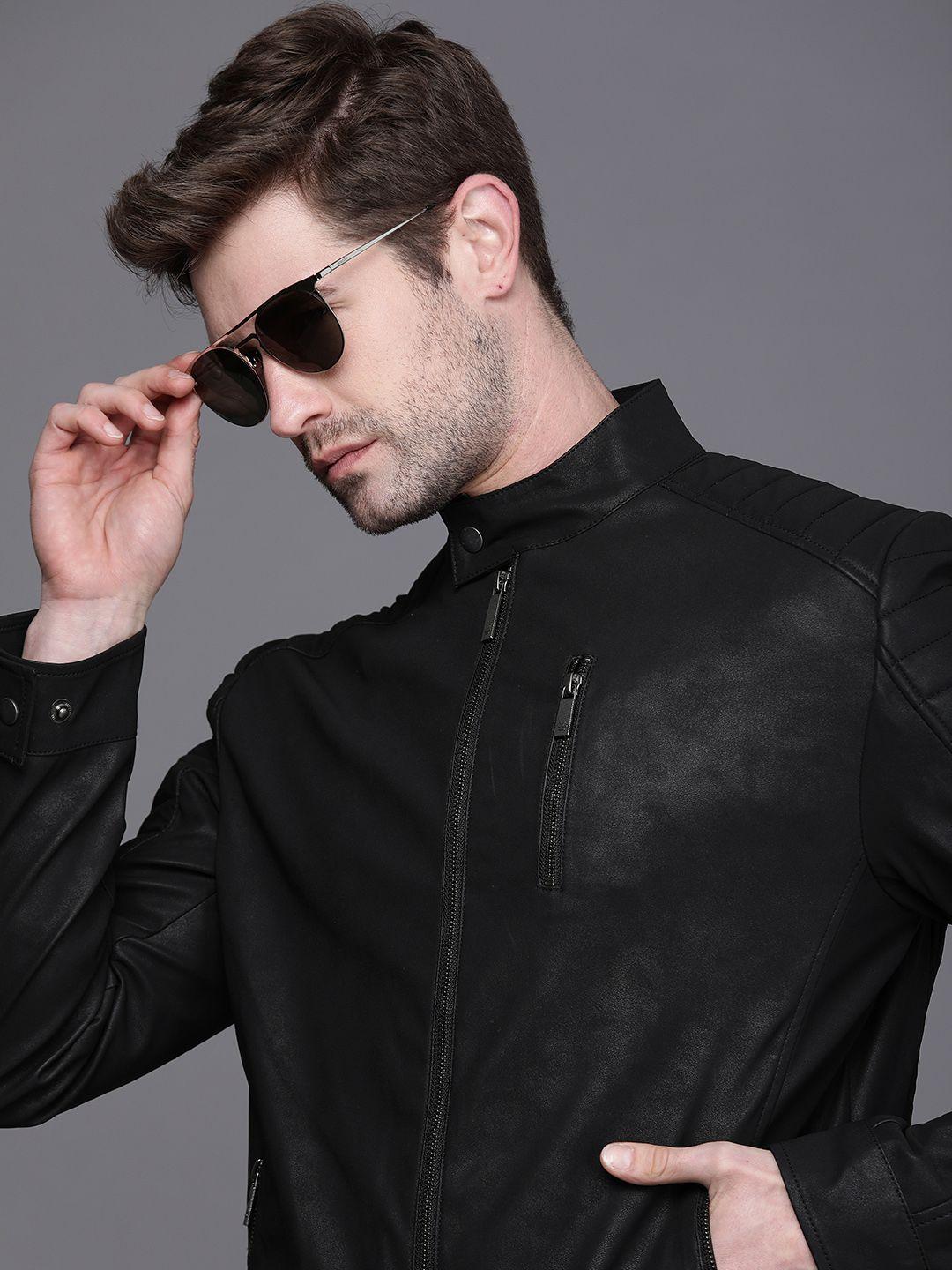 wrogn men black solid biker jacket