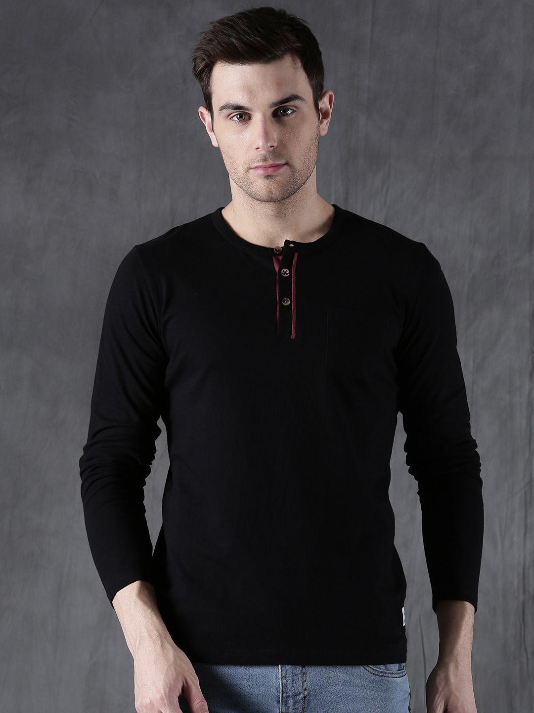 wrogn men black solid henley neck pure cotton t-shirt