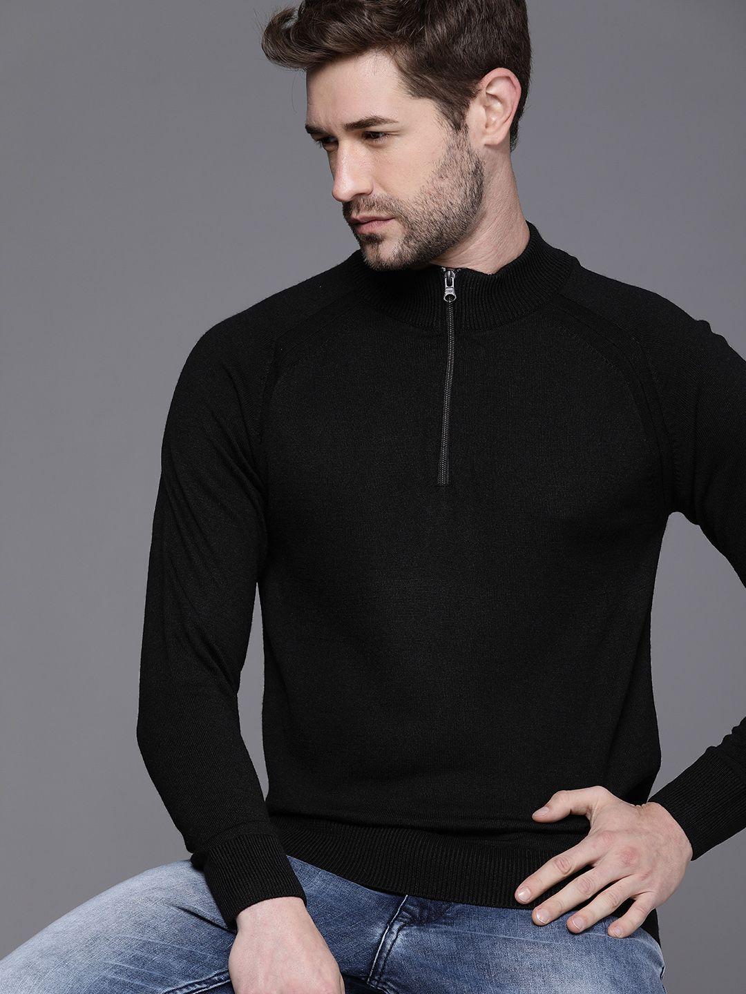 wrogn men black solid pullover sweater