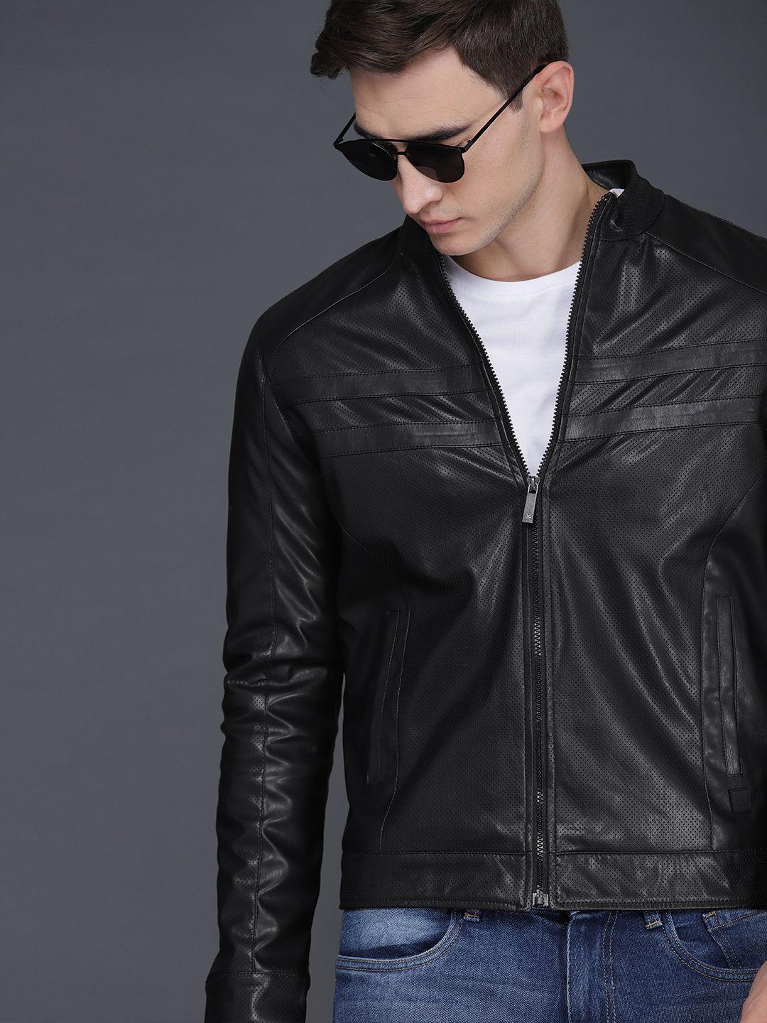 wrogn men black solid slim fit biker jacket