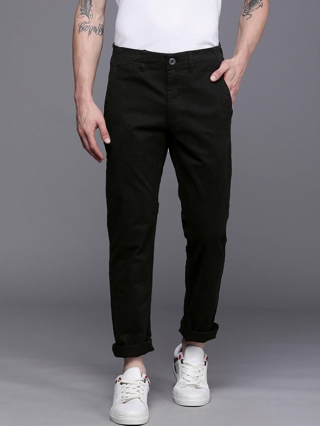 wrogn men black solid slim fit chinos trousers