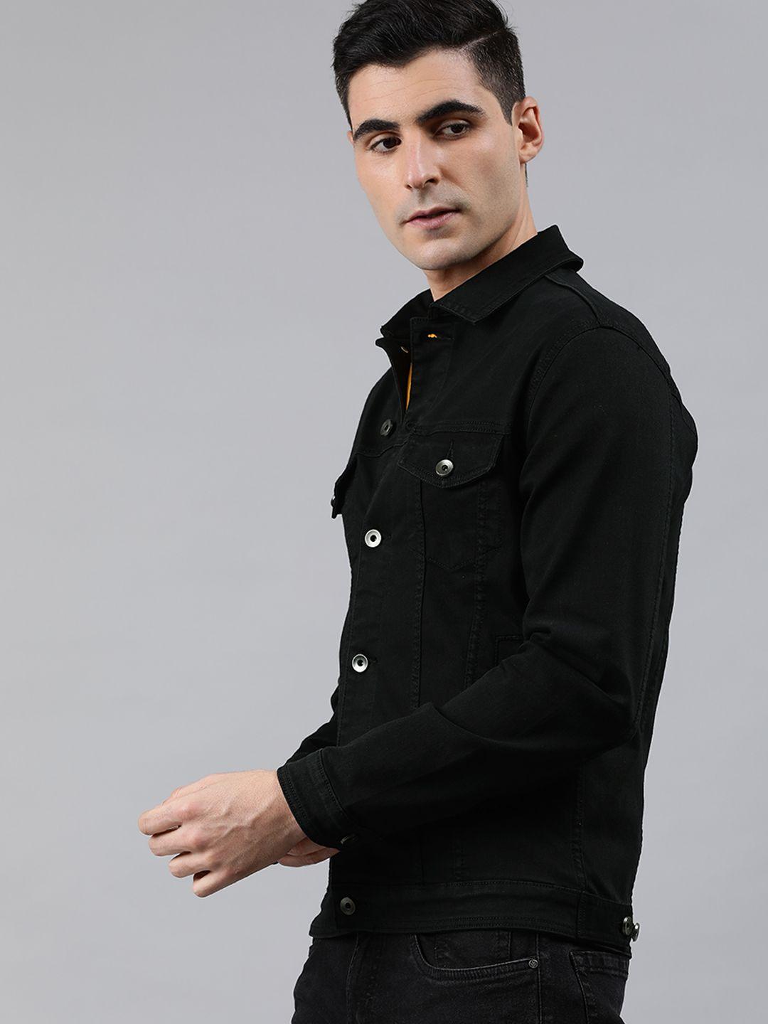 wrogn men black solid slim fit denim jacket