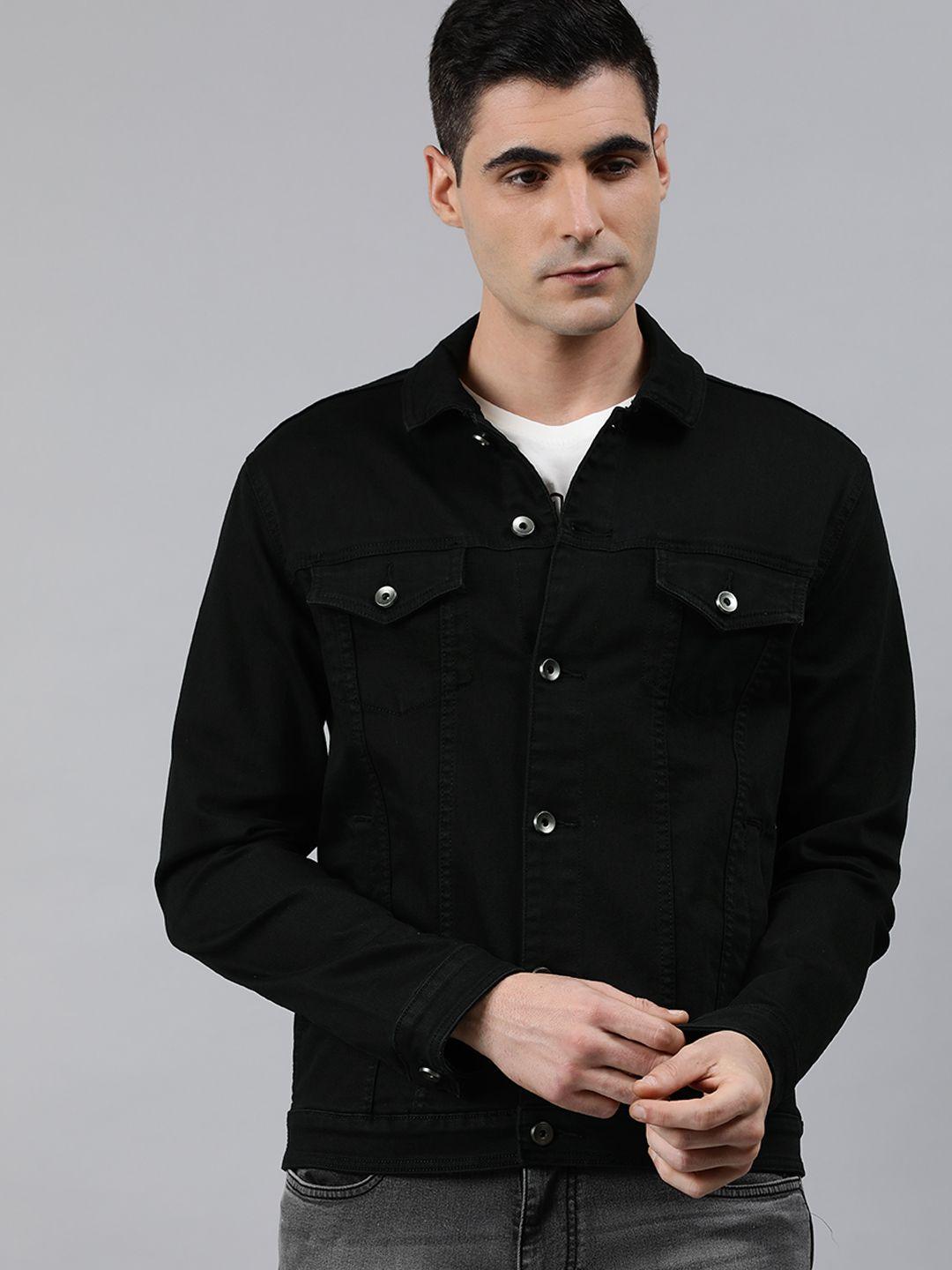 wrogn men black solid slim fit denim jacket