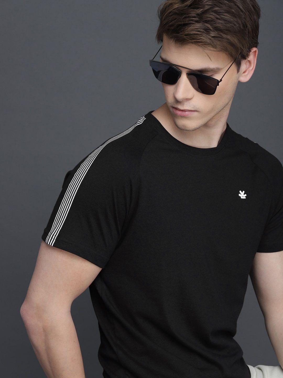 wrogn men black solid slim fit round neck pure cotton t-shirt