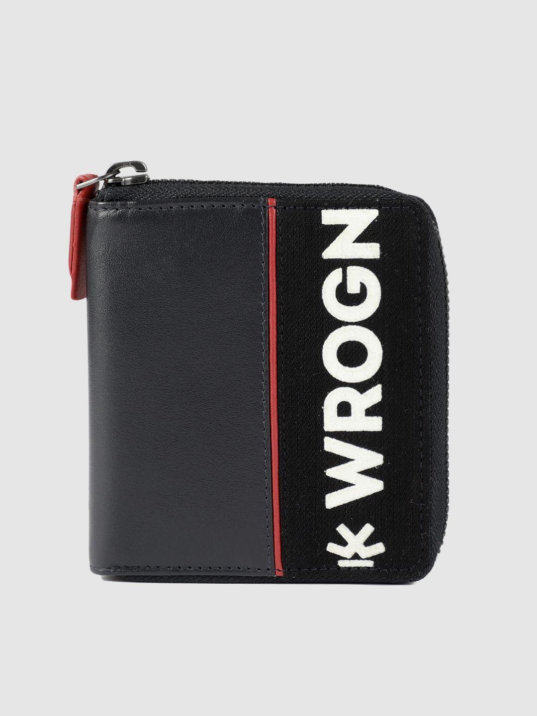 wrogn men black solid zip around wallet