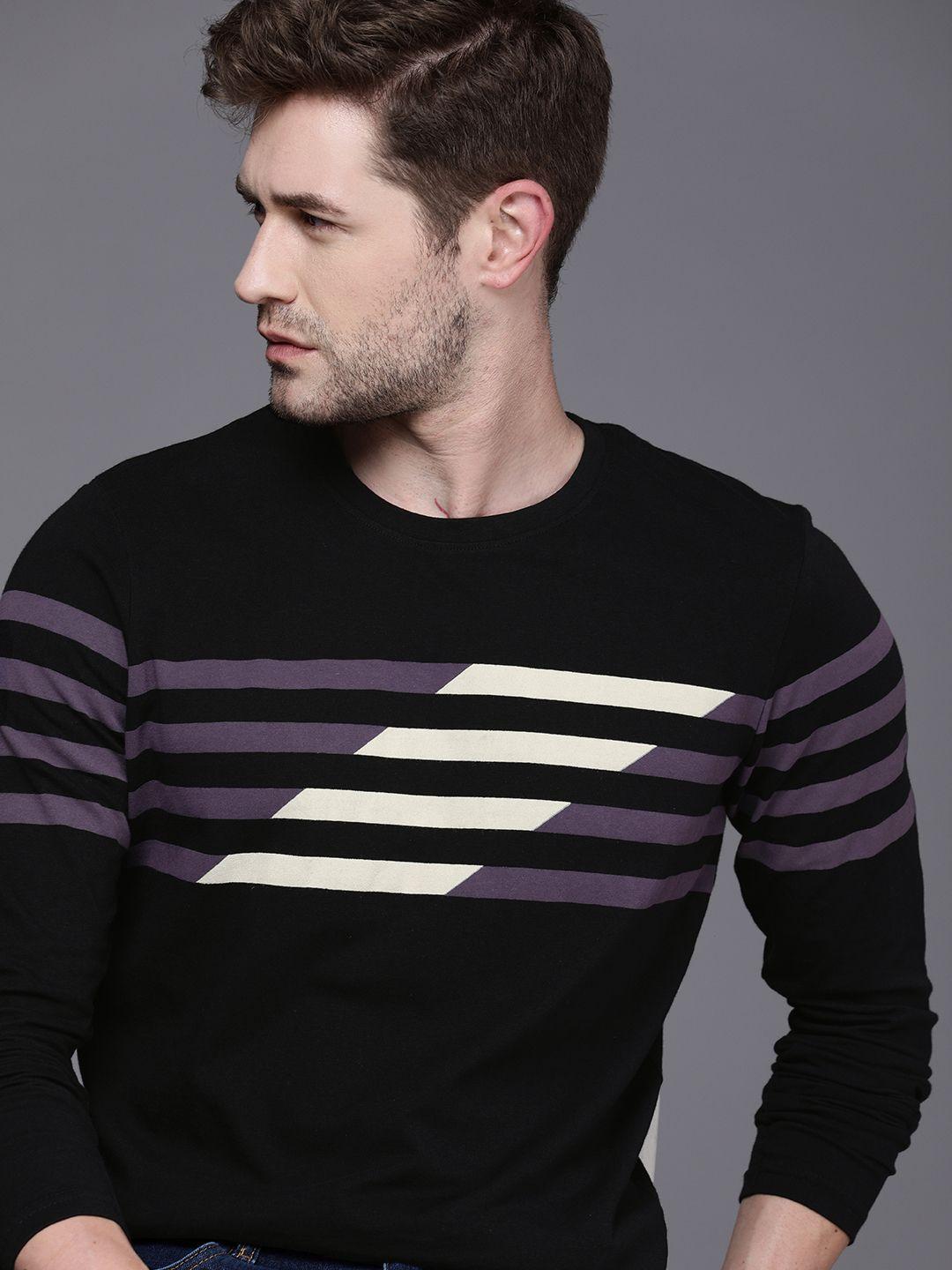 wrogn men black striped slim fit pure cotton t-shirt