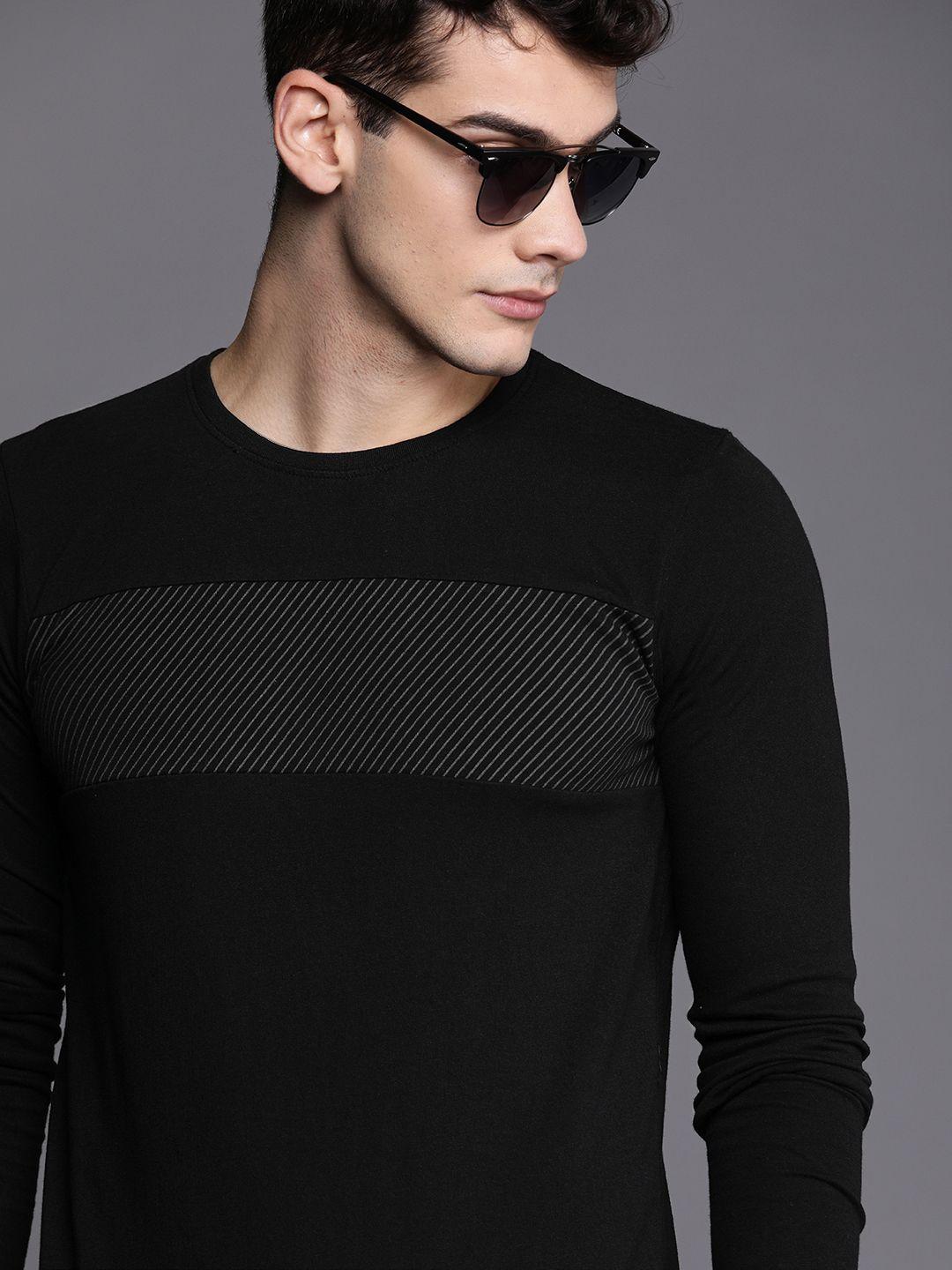 wrogn men black striped slim fit round neck pure cotton t-shirt