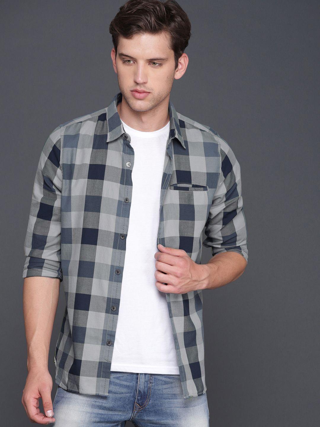wrogn men blue & grey slim fit checked casual shirt