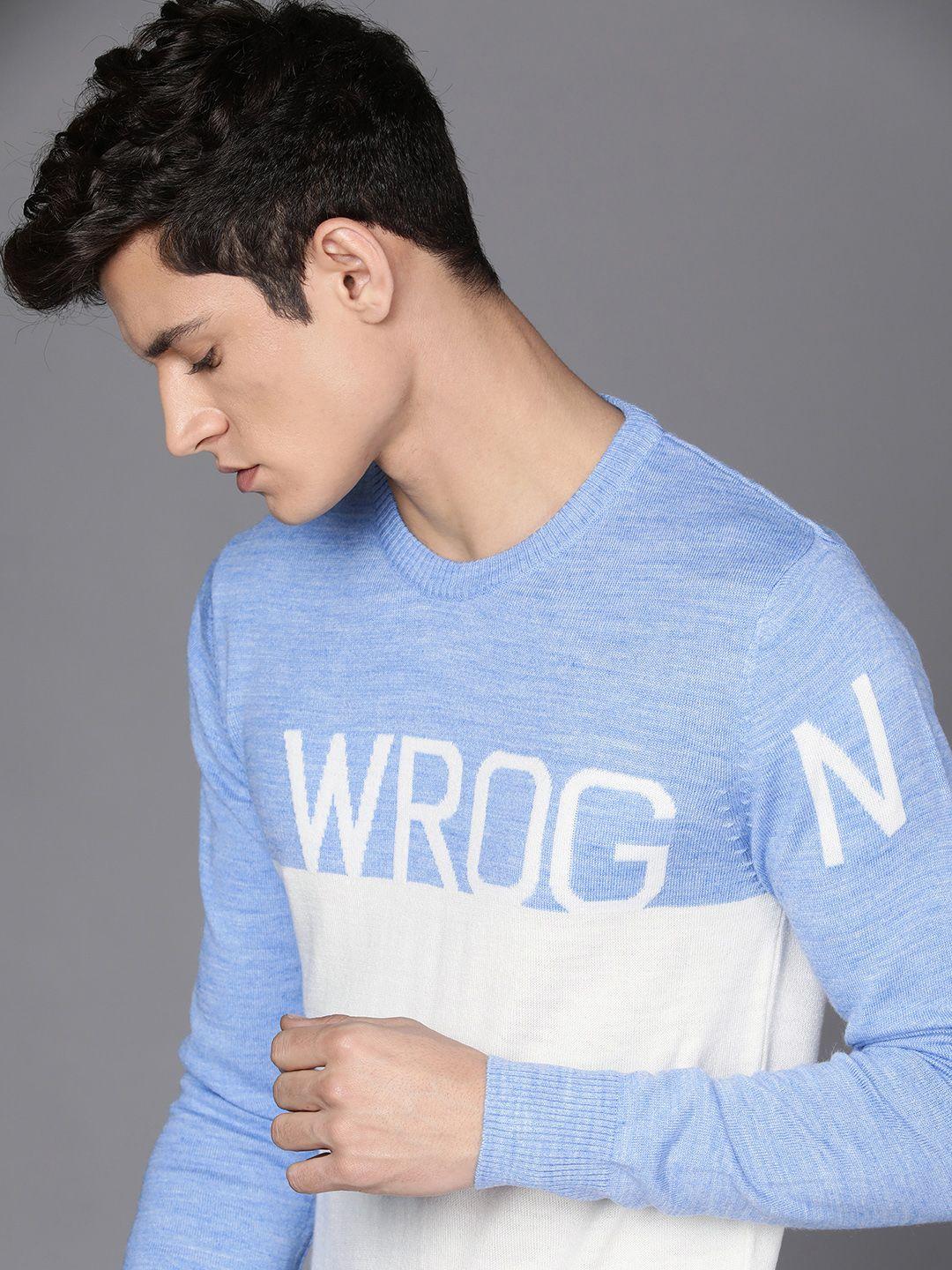 wrogn men blue & white colourblocked slim-fit pullover with embroidered detail