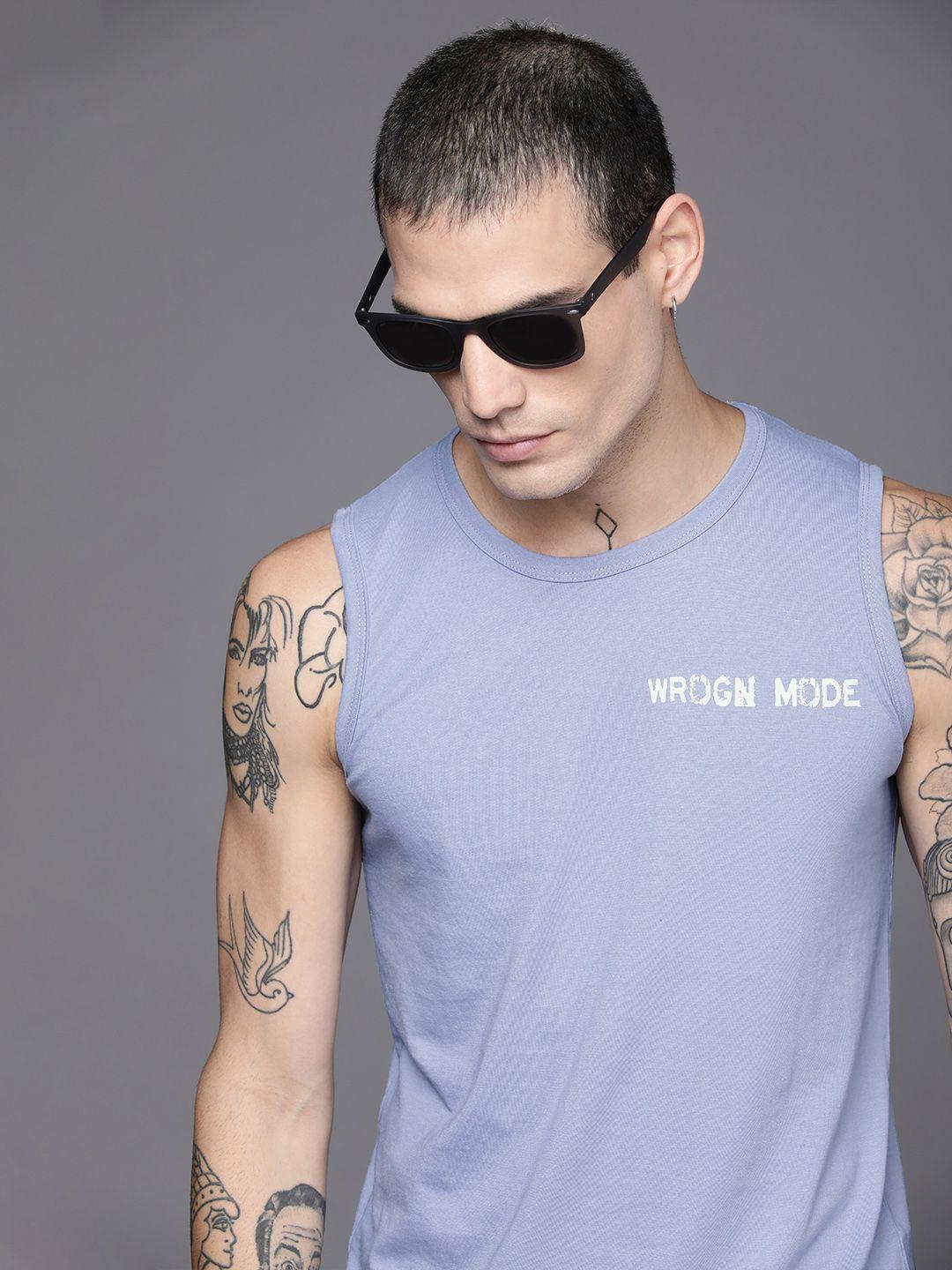 wrogn men blue brand logo printed sleevless t-shirt