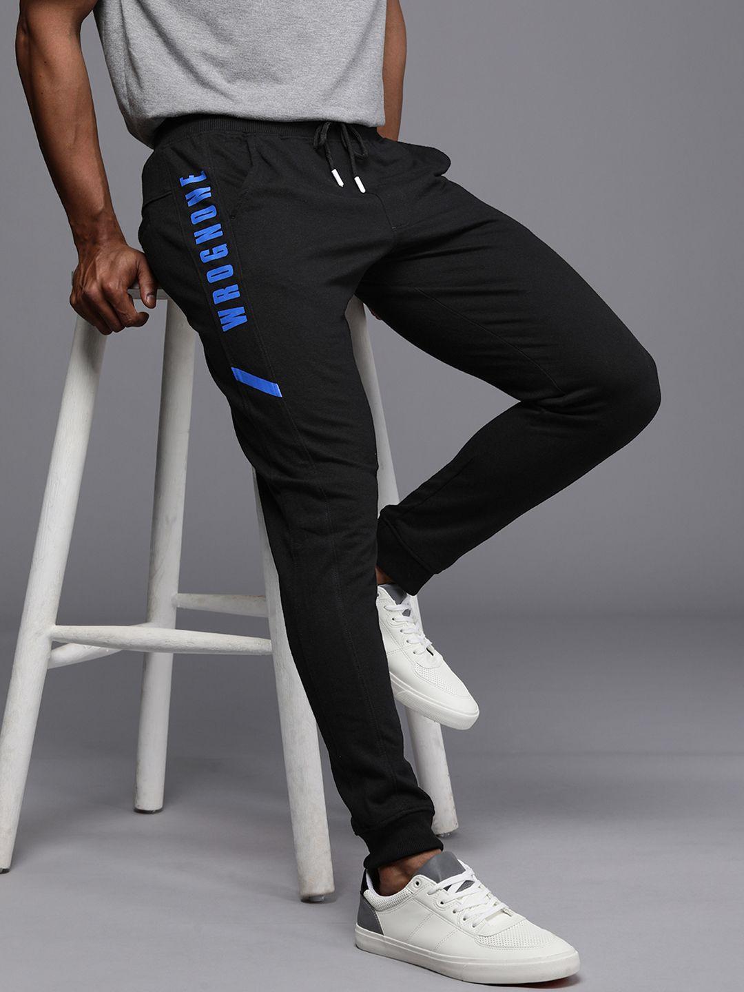 wrogn men blue brand logo printed slim fit joggers