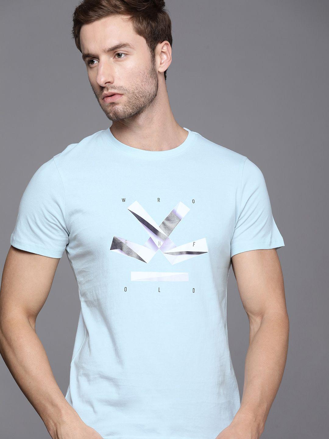 wrogn men blue brand logo printed slim fit pure cotton t-shirt