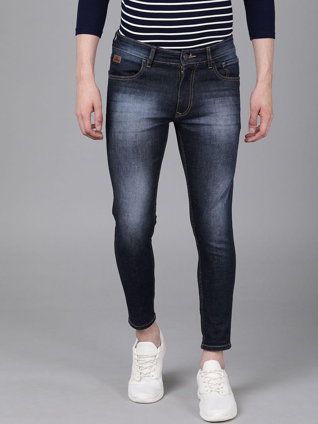 wrogn men blue crop tapered fit mid-rise clean look stretchable jeans