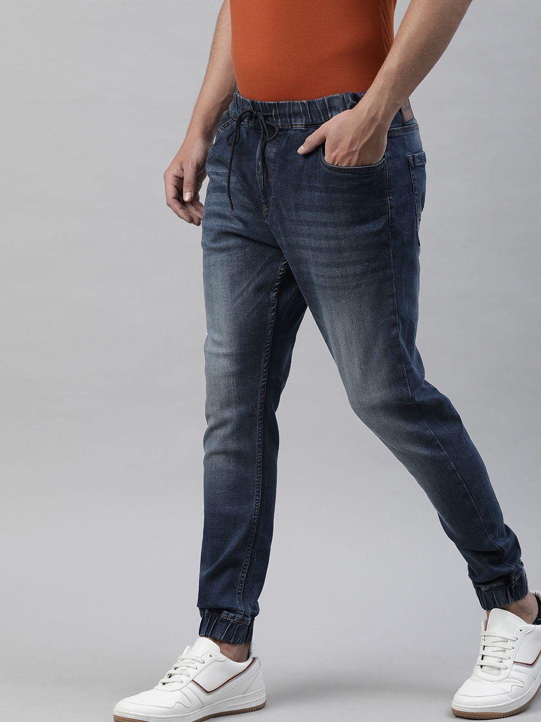 wrogn men blue jogger mid-rise clean look stretchable jeans