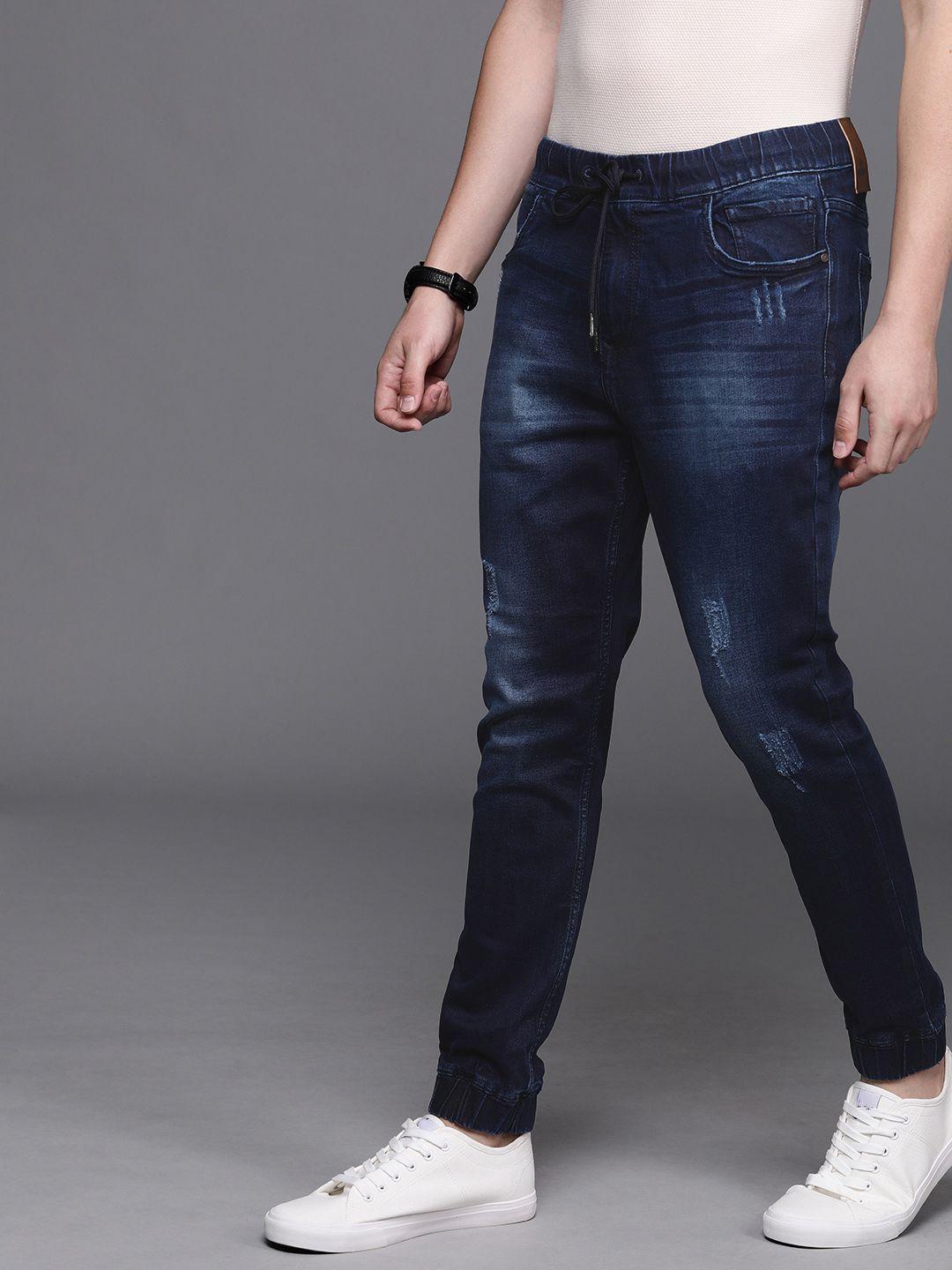 wrogn men blue mid-rise low distress slim fit stretchable jogger jeans