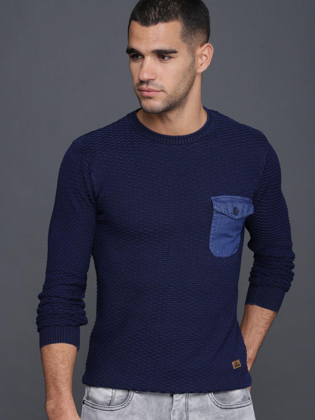 wrogn men blue self design pullover