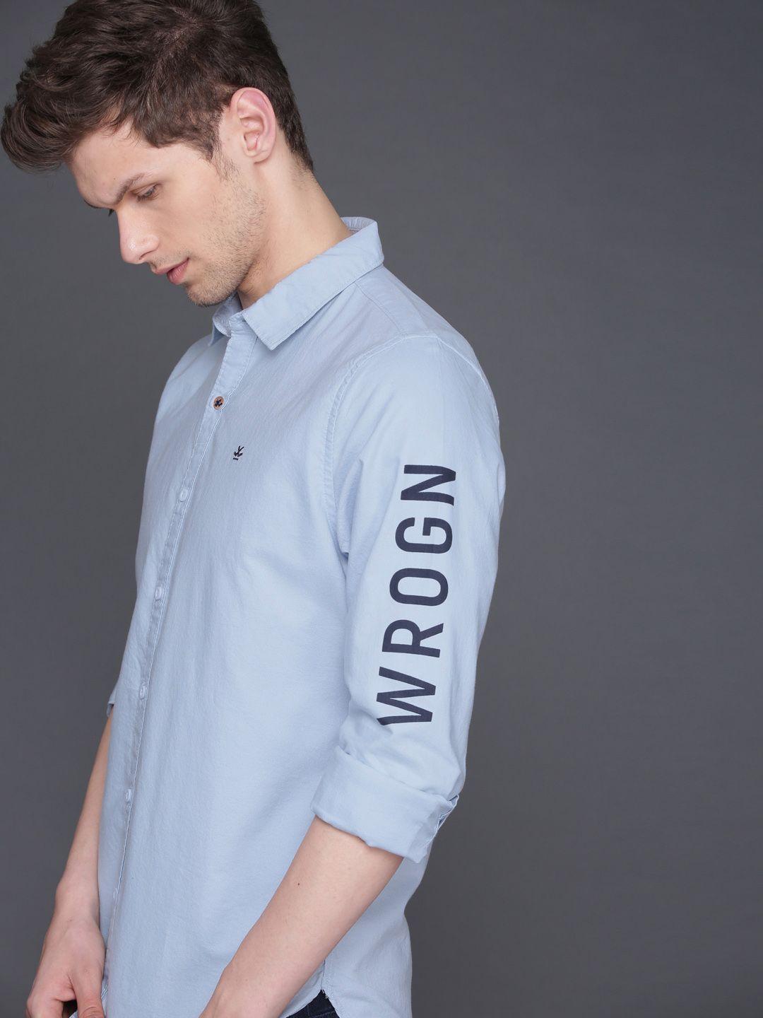 wrogn men blue slim fit casual shirt