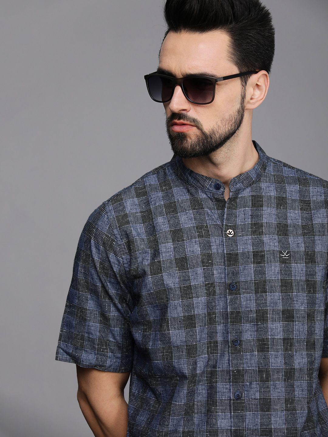 wrogn men blue slim fit checked casual shirt