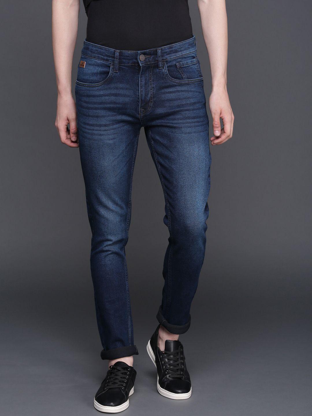 wrogn men blue slim fit mid-rise clean look stretchable jeans