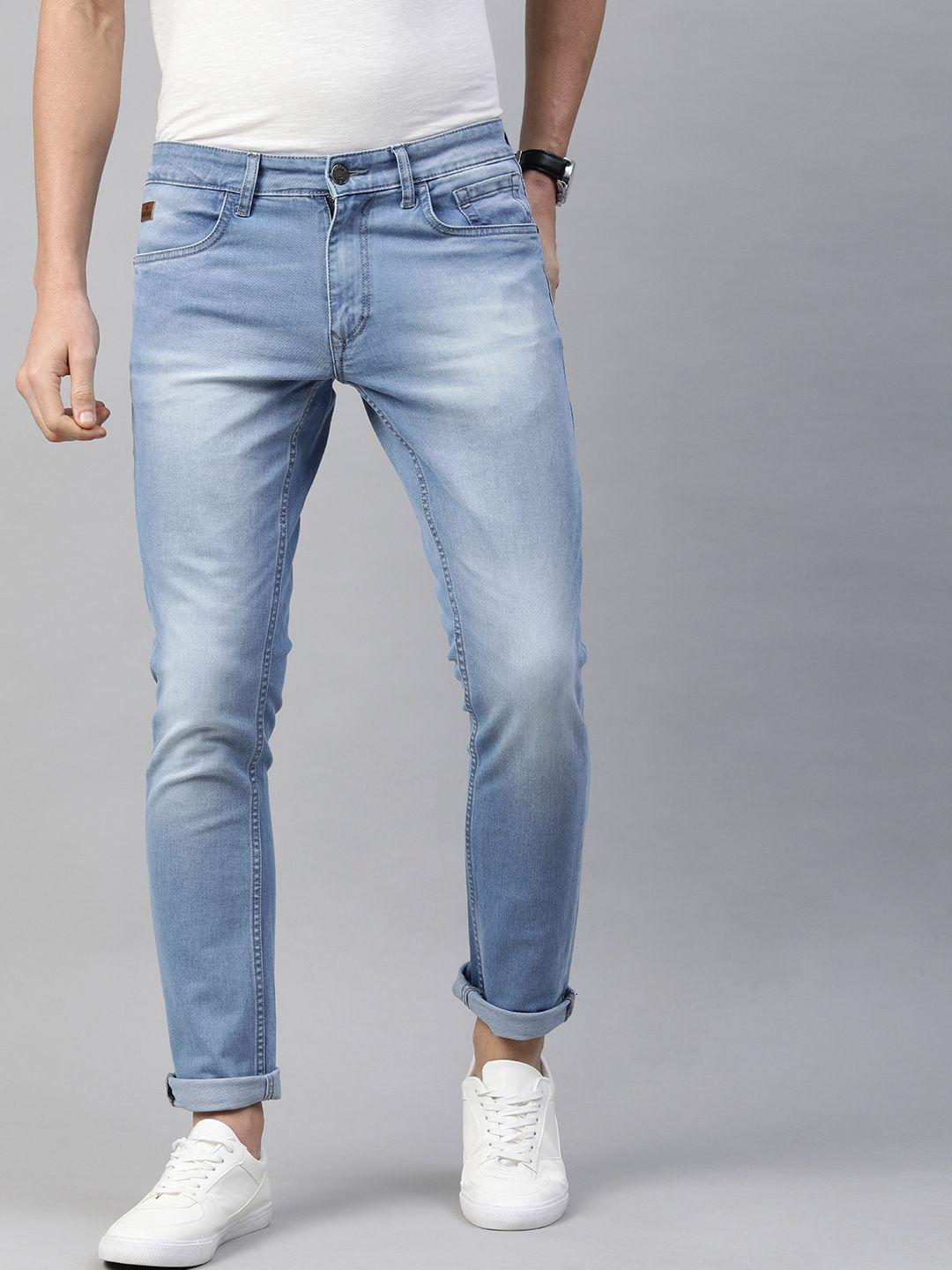 wrogn men blue slim fit mid-rise clean look stretchable jeans