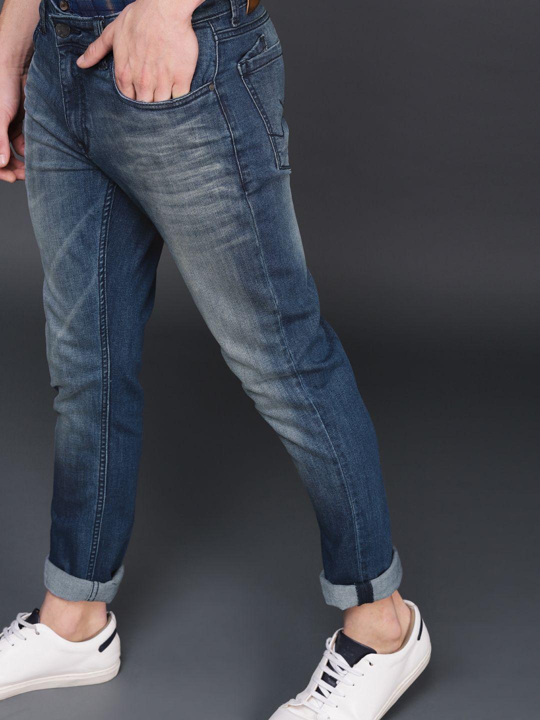 wrogn men blue slim fit mid-rise clean look stretchable jeans