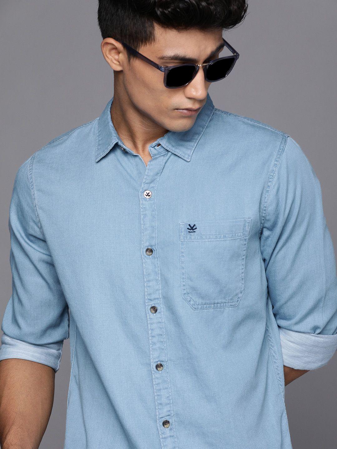 wrogn men blue slim fit opaque casual shirt