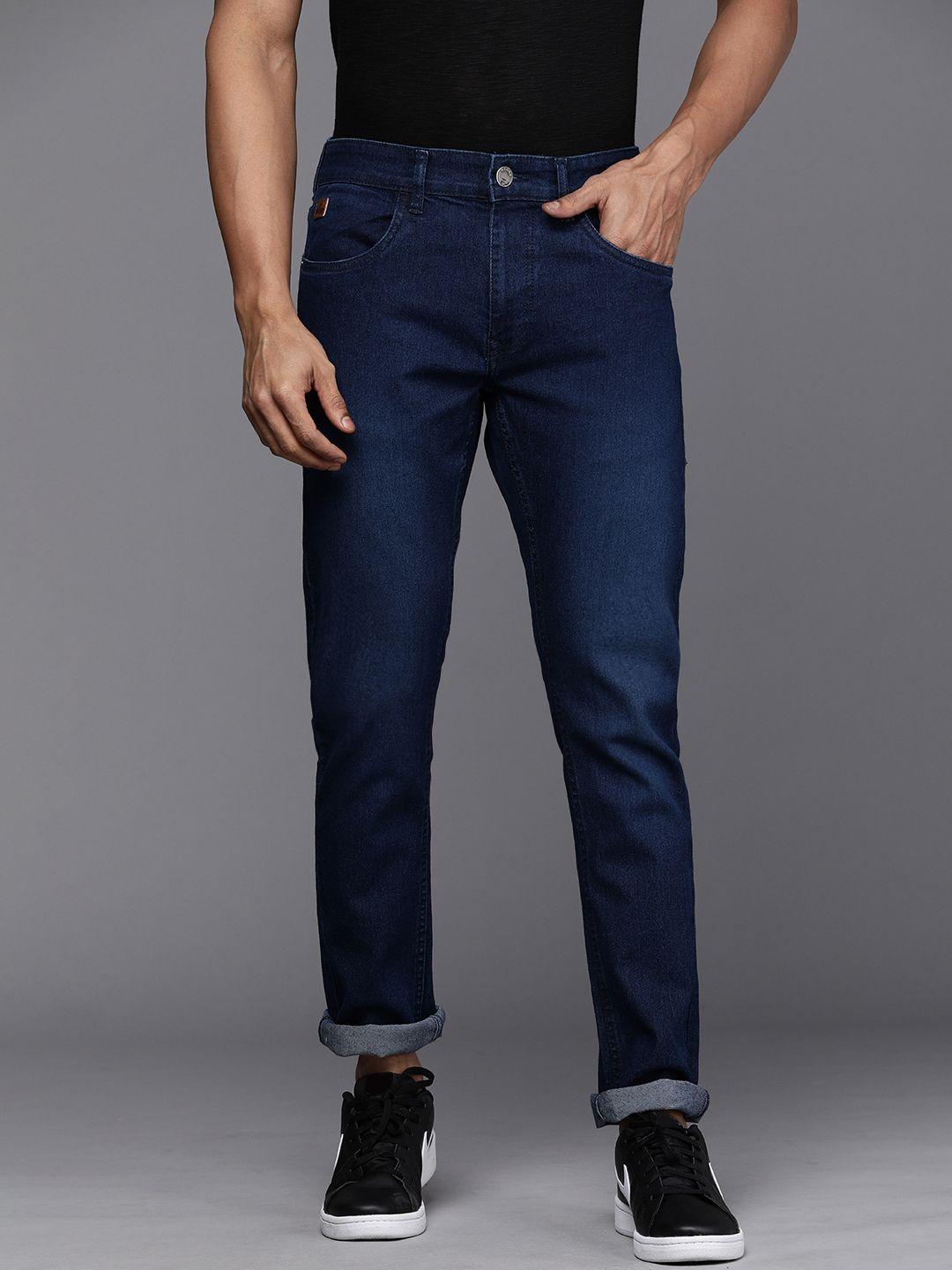 wrogn men blue solid slim fit stretchable casual jeans