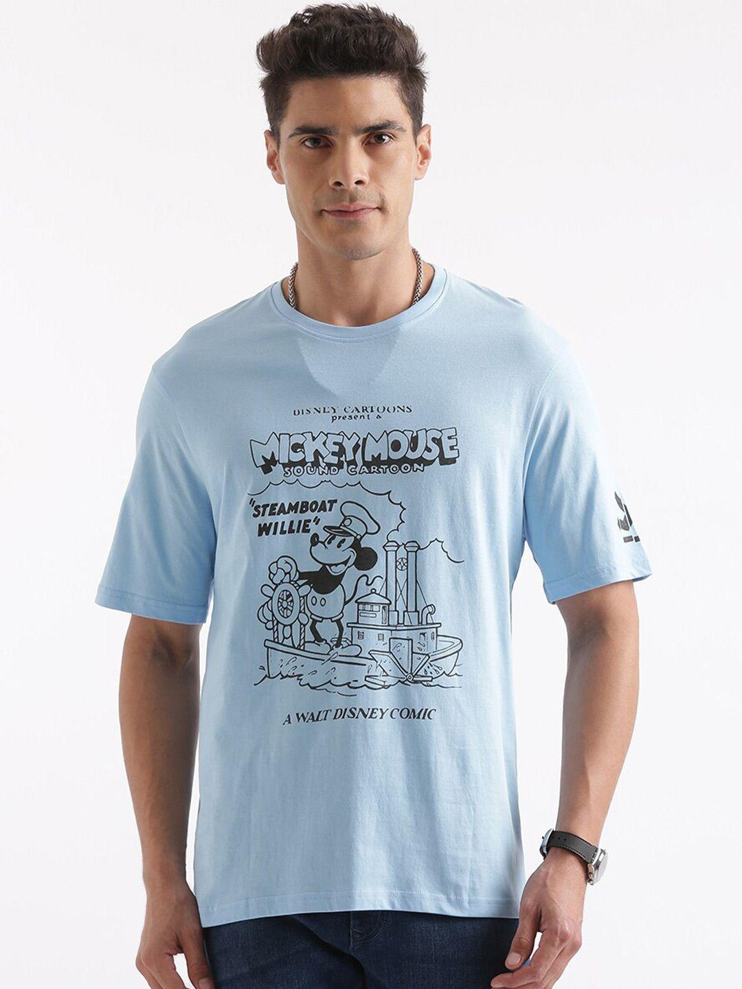 wrogn men blue typography printed v-neck raw edge t-shirt