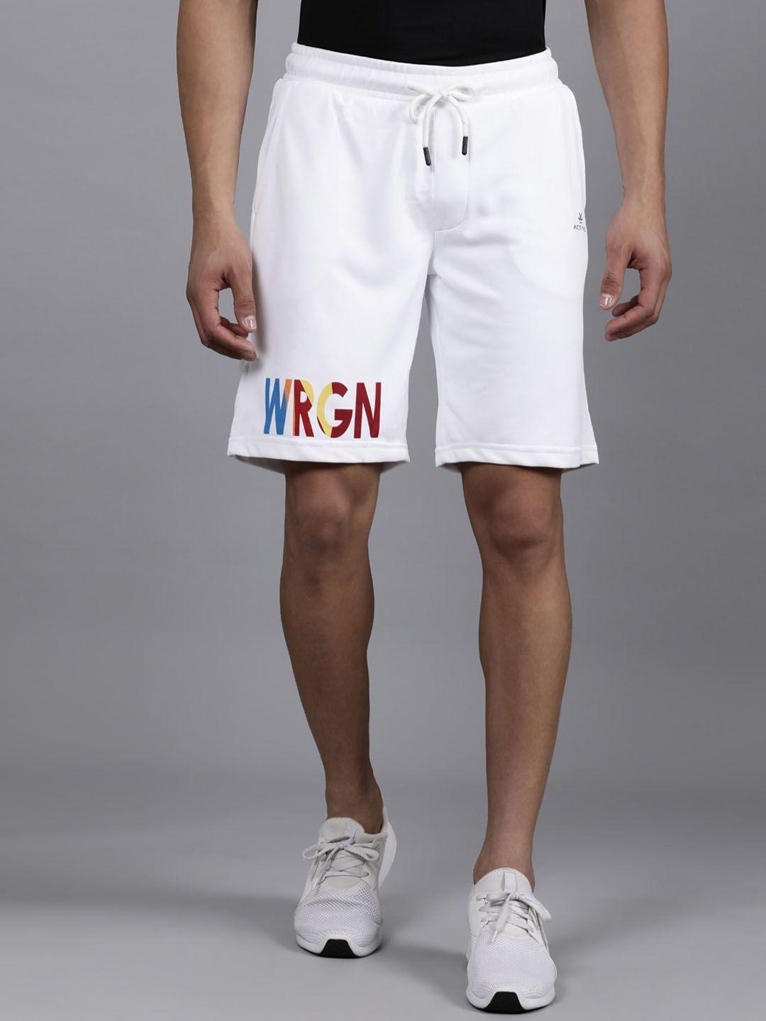 wrogn men brand logo printed mid rise slim fit cotton regular shorts