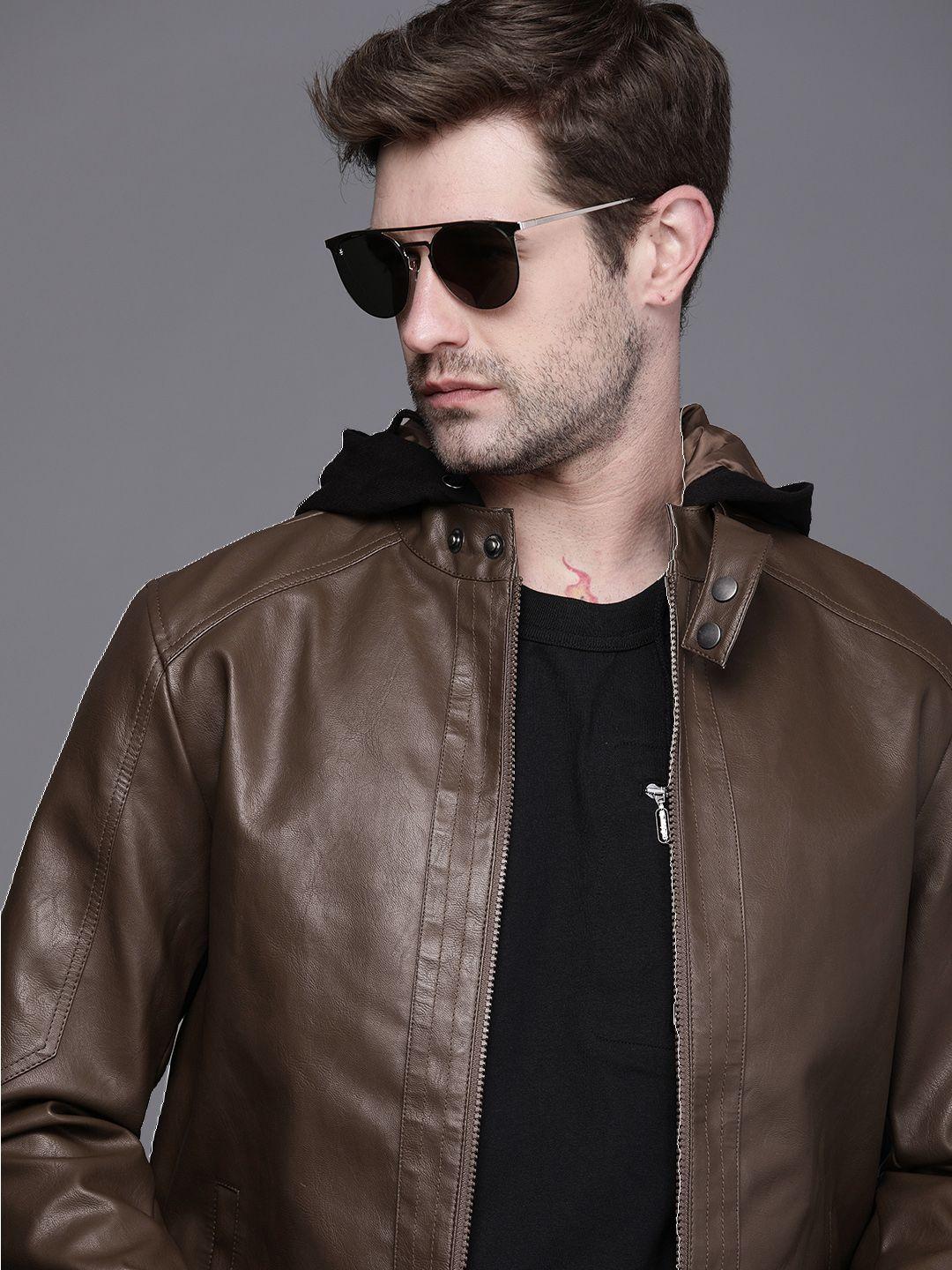 wrogn men brown hooded biker jacket