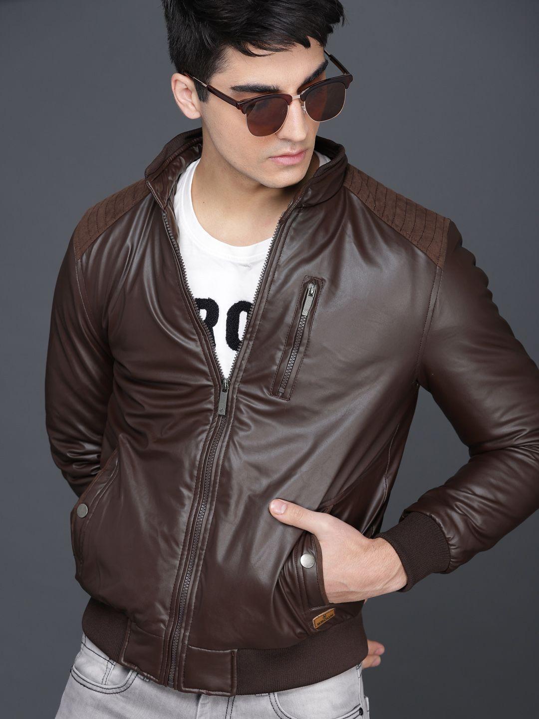 wrogn men brown solid biker jacket