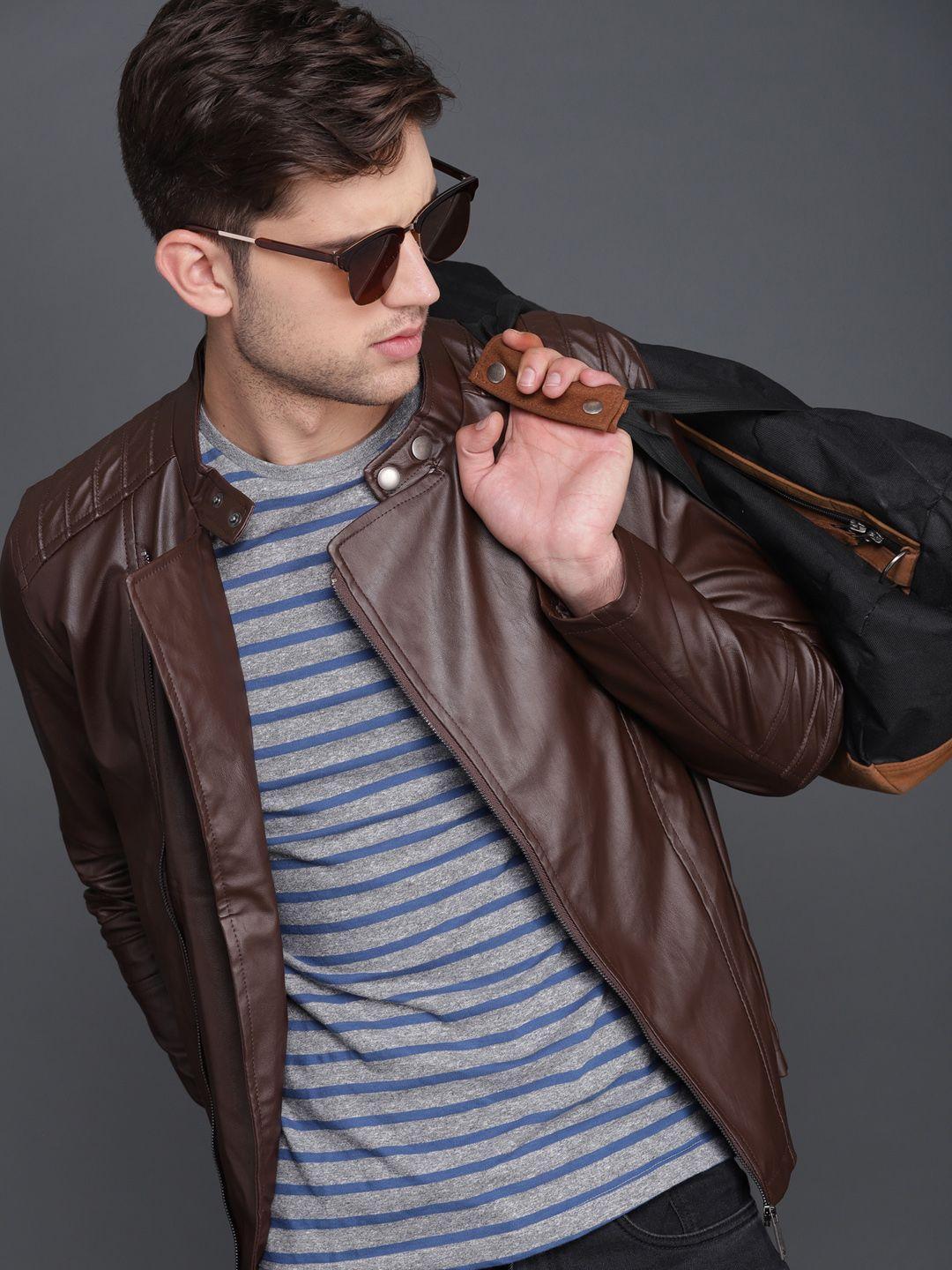 wrogn men brown solid biker jacket