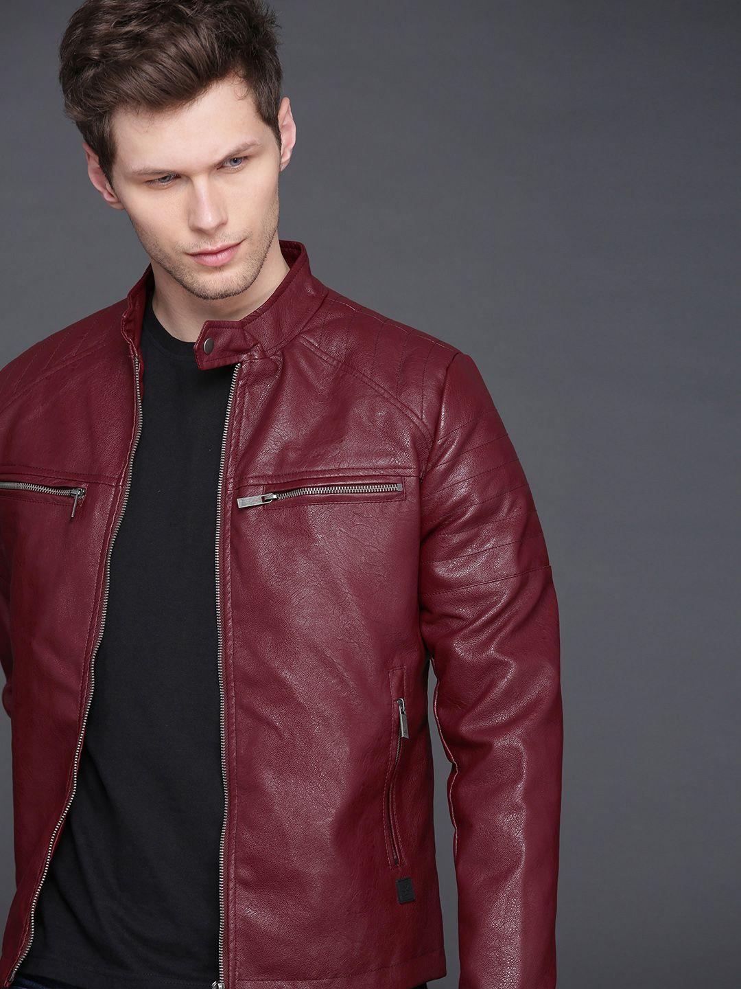 wrogn men burgundy self design slim fit biker jacket