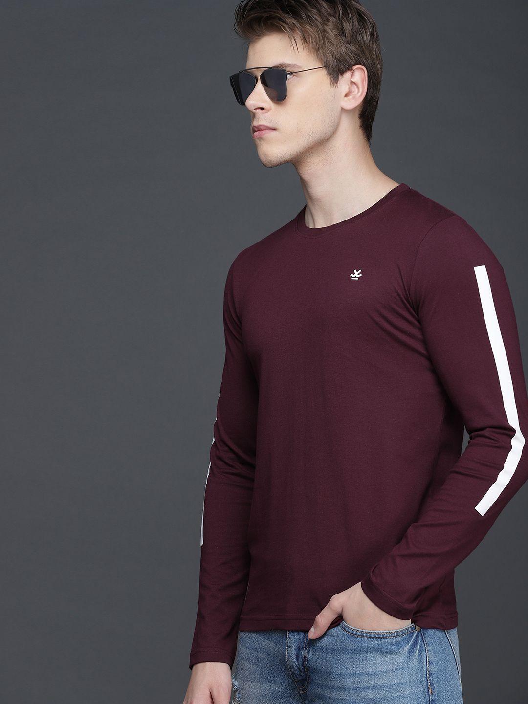 wrogn men burgundy solid round neck pure cotton t-shirt