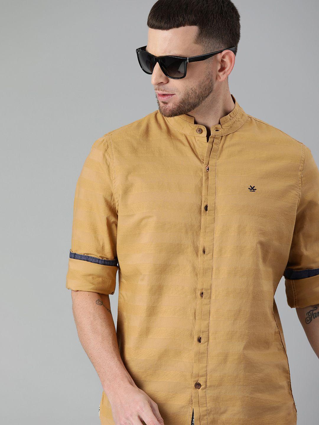 wrogn men camel brown slim fit self striped casual shirt