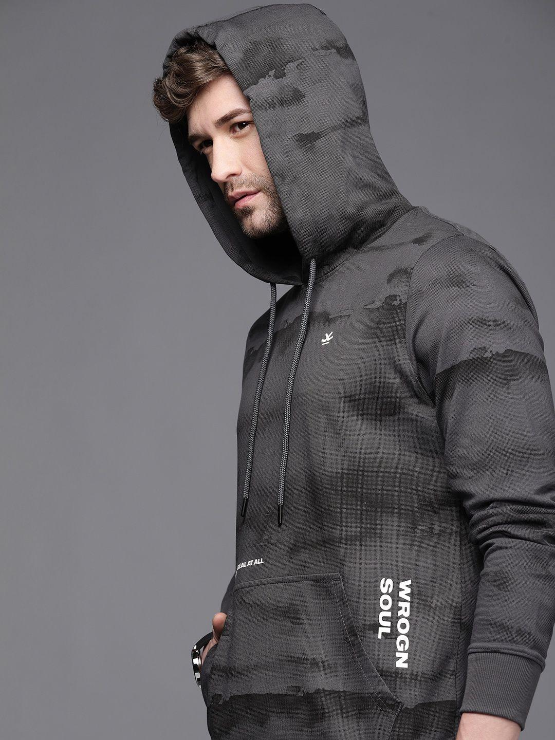 wrogn men charcoal grey printed hooded sweatshirt