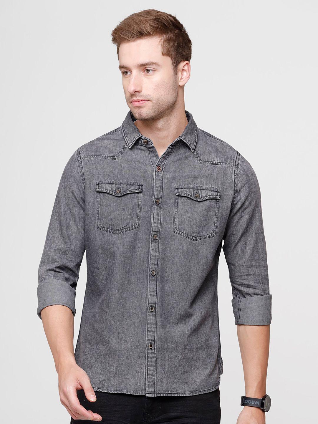 wrogn men charcoal grey slim fit faded pure cotton casual shirt