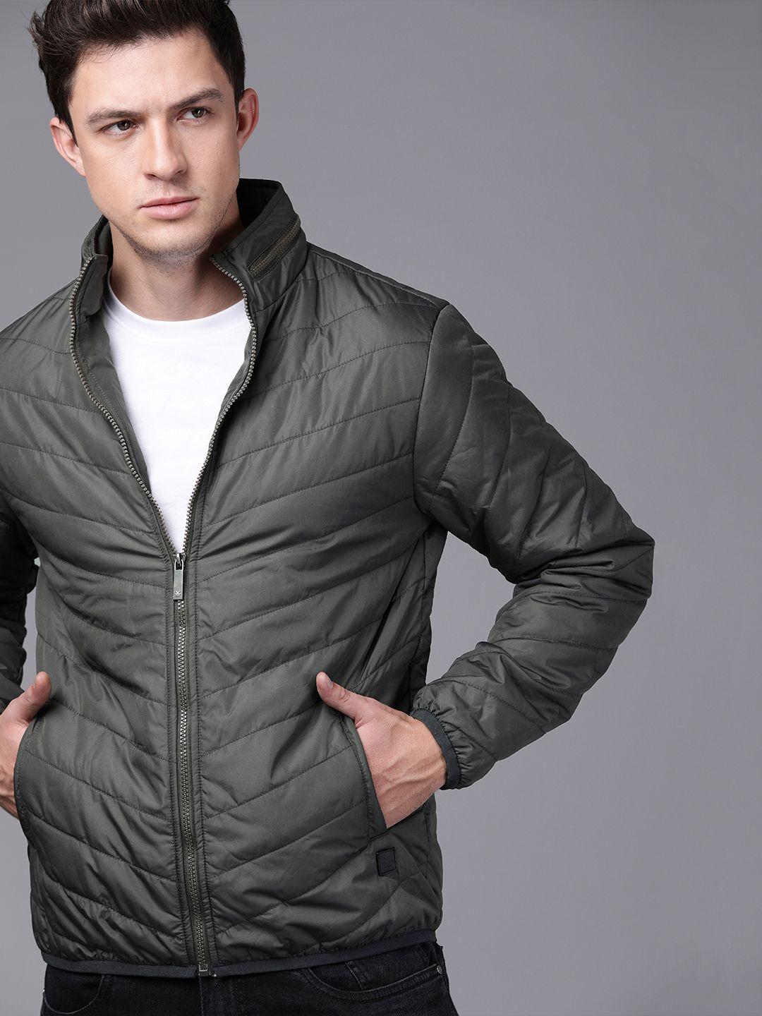 wrogn men charcoal grey slim fit solid padded jacket