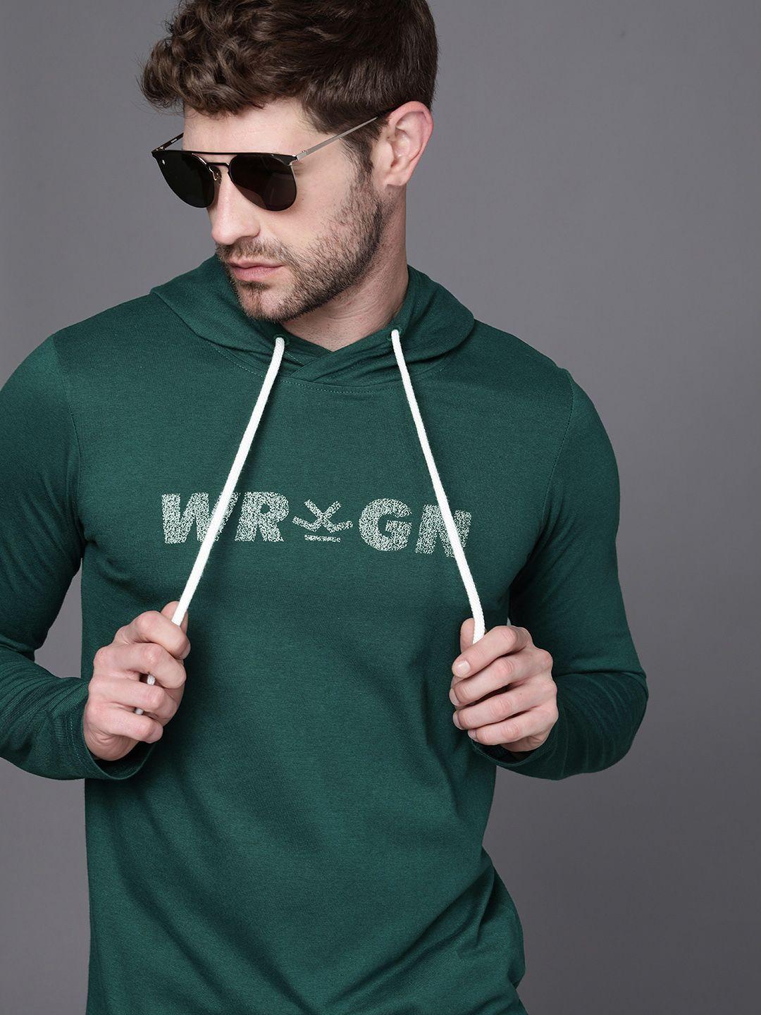 wrogn men green brand logo printed slim fit hooded t-shirt