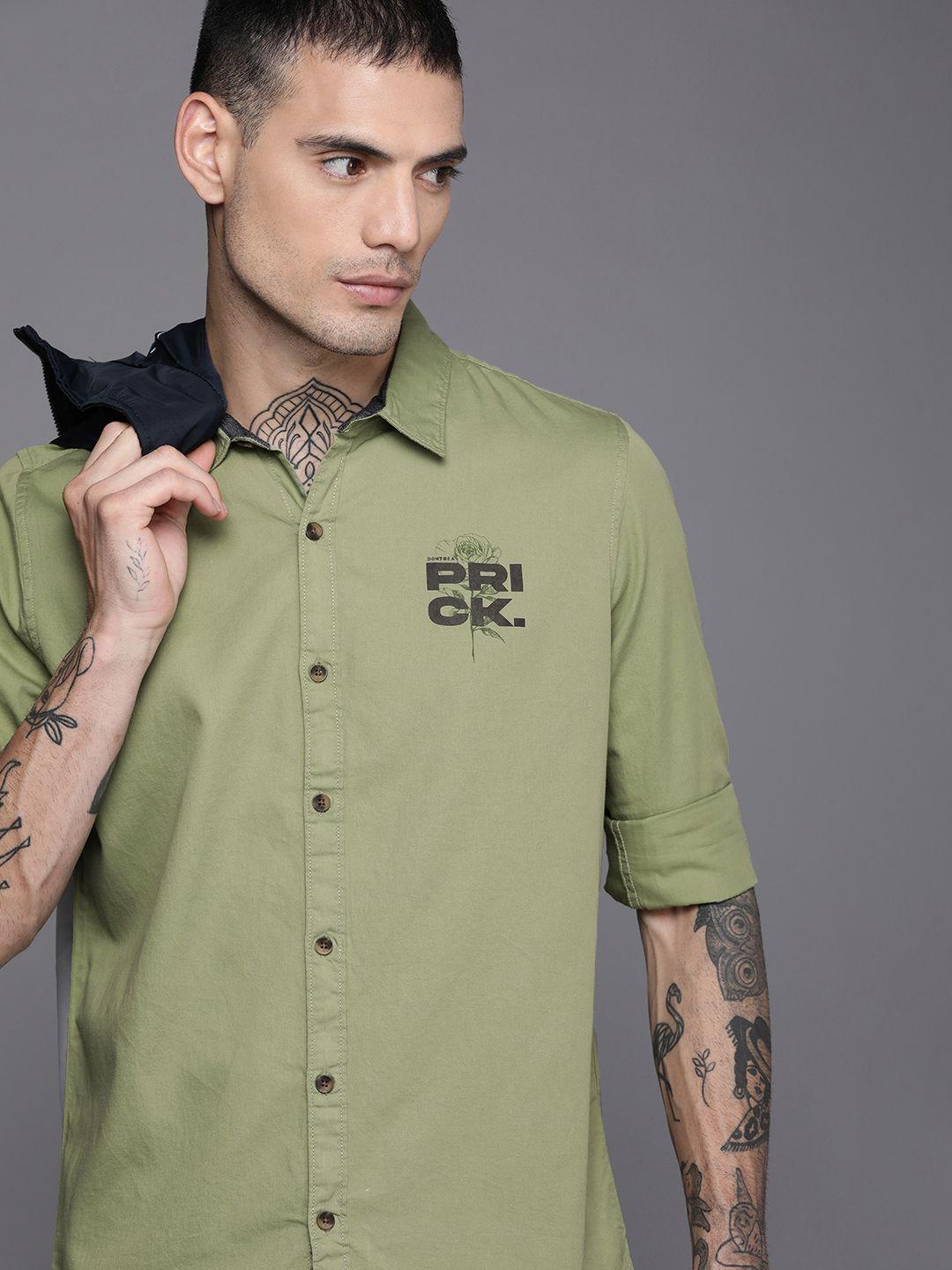 wrogn men green slim fit printed pure cotton casual shirt