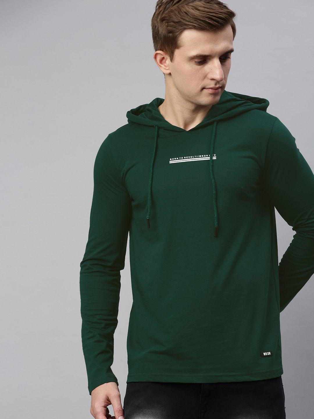 wrogn men green slim fit solid hood t-shirt